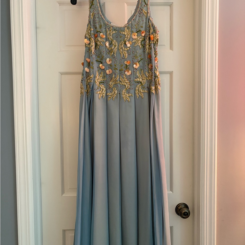 Anopia Elegant Blue Maxi Dress with Gold Embroidery